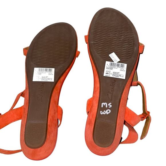 CLARKS ARTISAN Suede Parram Blanc low wedge sandal, size9.5 NWT, orange/coral - Picture 7 of 14